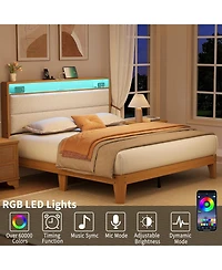 gaomon King Boucle Bed Frame, Frame with Rgb Led Light & Charging Station