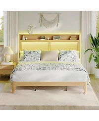 gaomon Rattan Size Bed Frame with Led Lights, Boho Wood Bed Frame with Storage Headboard & Charging Station, Silent Slats
