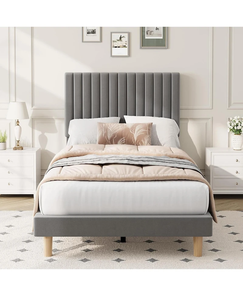 gaomon Bed Frame with Adjustable Headboard, Velvet Upholstered Platform Frame, Vertical Channel Tufted