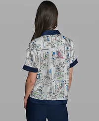 Karl Lagerfeld Paris Women's Short-Sleeve Collared Printed Camp Shirt
