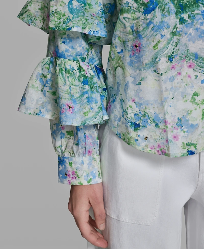 Karl Lagerfeld Paris Women's Long-Sleeve Collared Printed Shirt