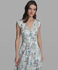 Karl Lagerfeld Paris Women's Sleeveless V-Neck Printed Midi Dress