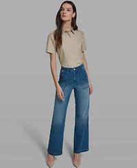 Karl Lagerfeld Paris Women's Wide-Leg Mid-Rise Ankle Length Jeans