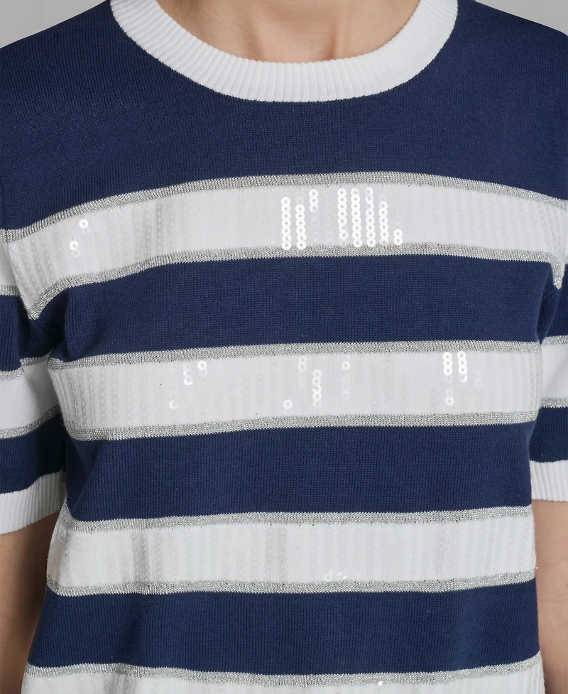 Karl Lagerfeld Paris Women's Short-Sleeve Crewneck Sequin Stripe Sweater