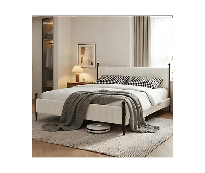 gaomon Bed Frame - with Vertical Stripes headboard, Corduroy upholstered Vintage Metal Legs, Easy Assembly,