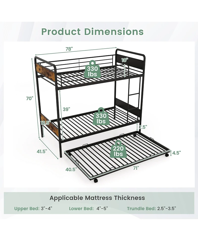 Gymax Twin Over Twin Bunk Bed w/ Trundle Industrial Metal Bunkbed Frame