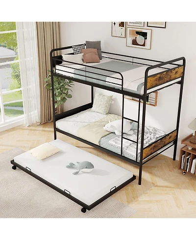 Gymax Twin Over Twin Bunk Bed w/ Trundle Industrial Metal Bunkbed Frame