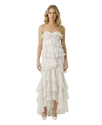 Modenaire Women's Strapless Raw Edge Tiered Ruffle Maxi Dress