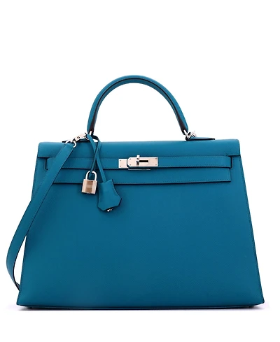 Pre-Owned HERMES Kelly 35 Handbag Blue Epsom with Palladium Hardware