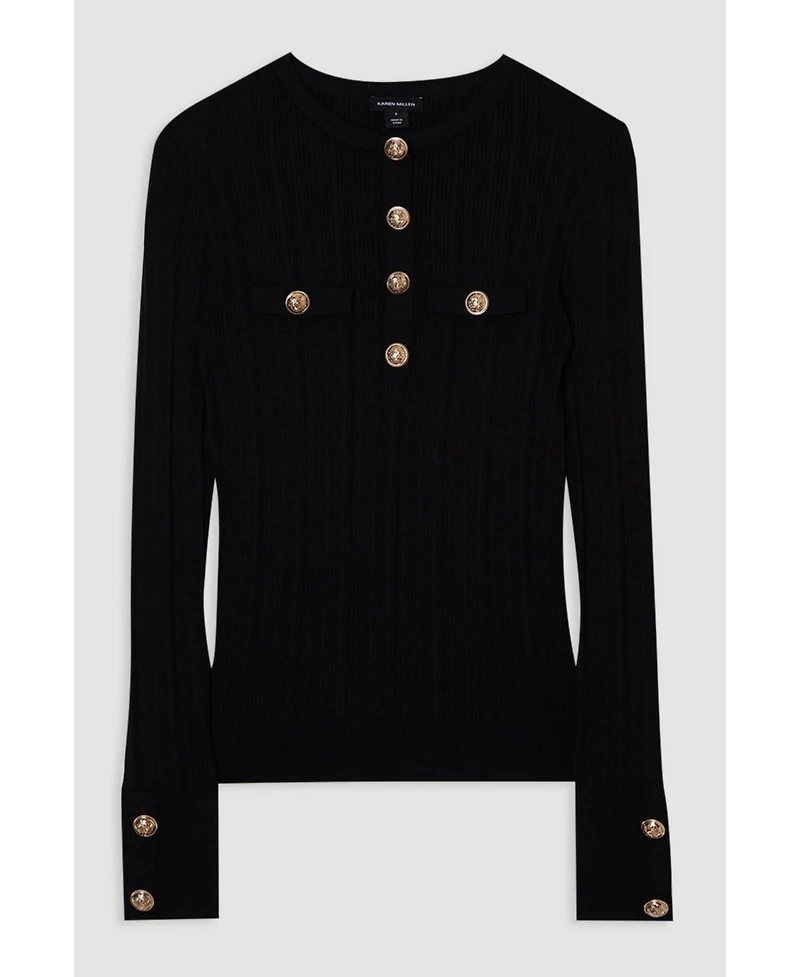 Karen Millen Women's Military Trim Rib Long Sleeve Knit Top