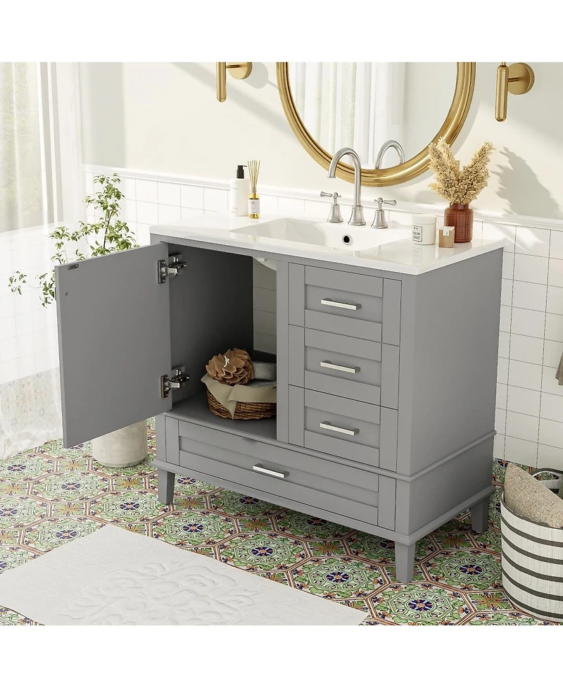Sillysis 36" Bathroom Vanity with Ceramic Sink, Solid Pine Frame, Soft Close Drawers & Door for Small Spaces