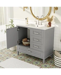 Sillysis 36" Bathroom Vanity with Ceramic Sink, Solid Pine Frame, Soft Close Drawers & Door for Small Spaces