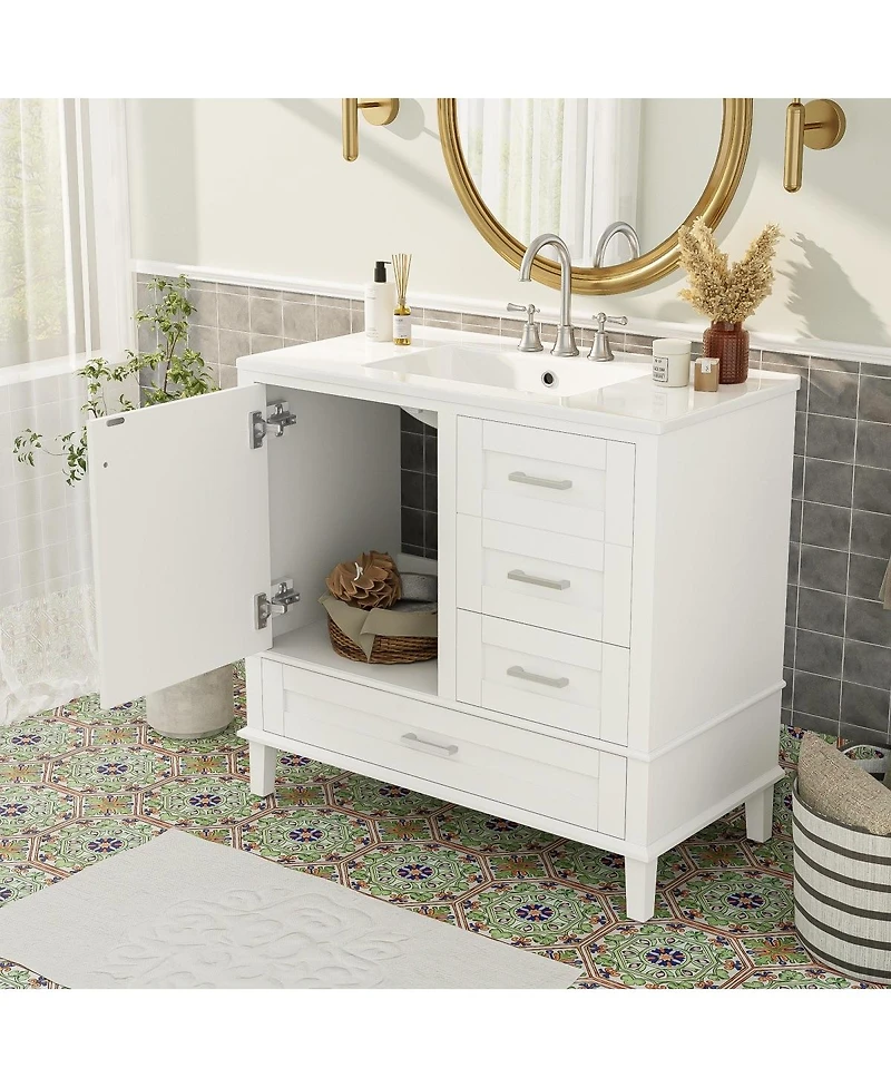 Sillysis Bathroom Vanity with Ceramic Sink, Solid Pine Frame, Soft Close Drawers & Door for Small Spaces