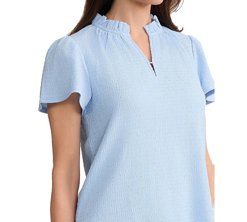 Jones New York Petite Collared V-Neck Flutter Short-Sleeve Top