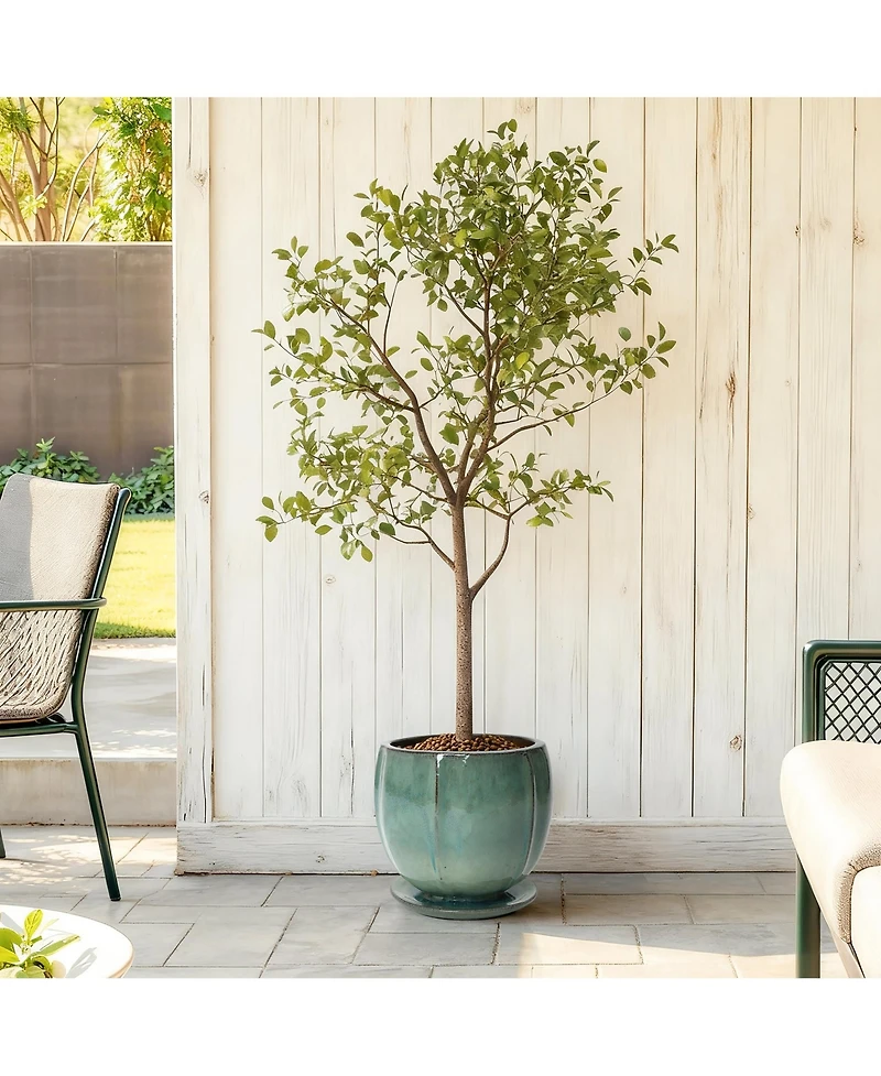 LuxenHome Glossy Gradient Teal Ceramic Planter, 10-Inch Tall Ridged Container with Connected Tray