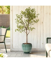 LuxenHome Glossy Gradient Teal Ceramic Planter, 10-Inch Tall Ridged Container with Connected Tray