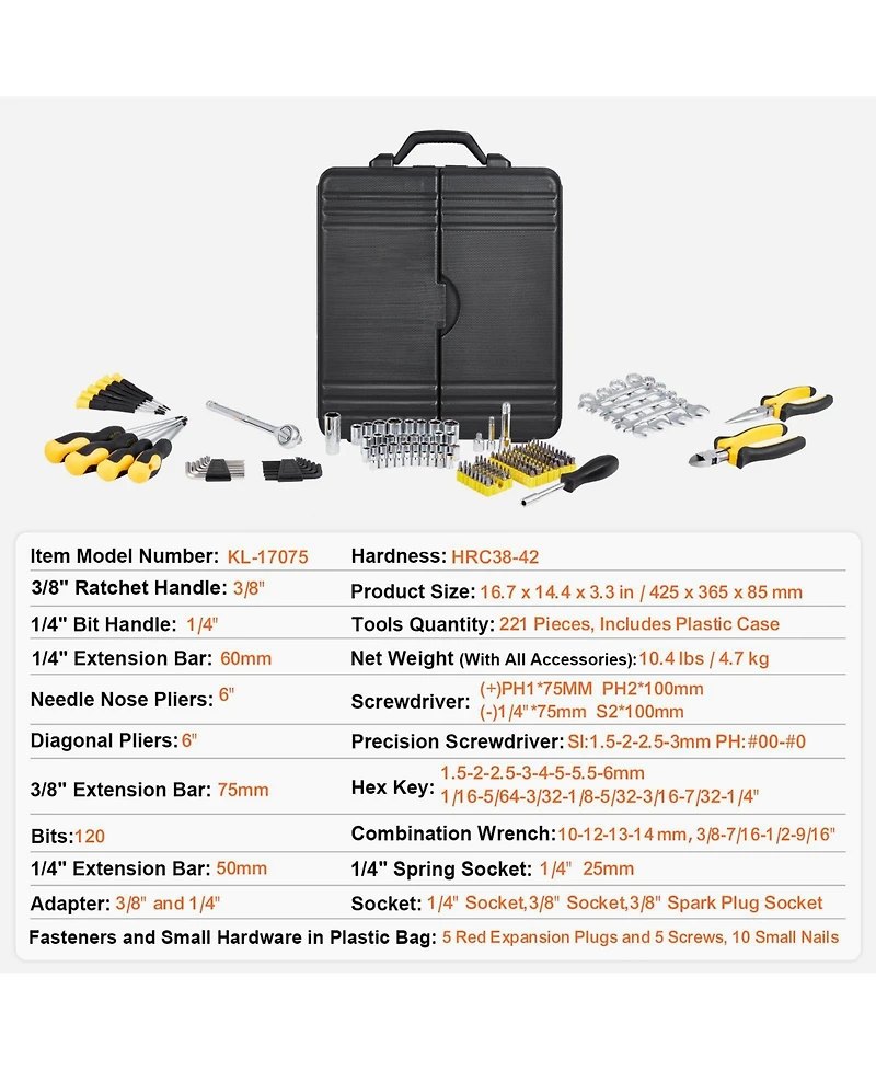 Mecale 221-Piece Mechanics Tool Set, 1/4" & 3/8" Drive Sae & Metric Sockets, Bits, Wrenches, Ratchet, Accessories, Plastic Case