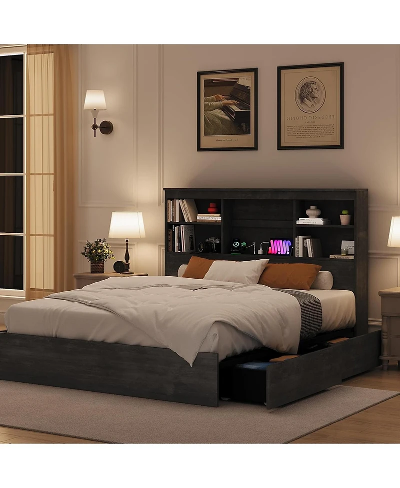 gaomon Bed Frame with Storage Headboard, Wooden Charging Station