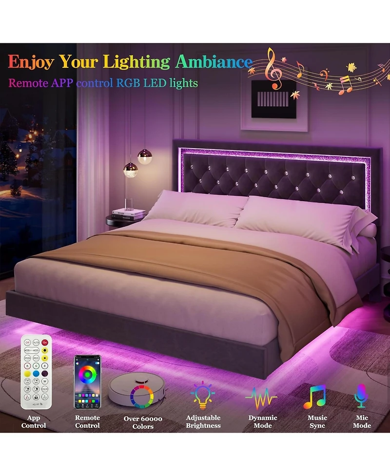 gaomon Floating Bed Frame with Smart Led Lights, Upholstered Platform Bed with Diamond Headboard, Solid Wood Slats Support, Easy Assembly