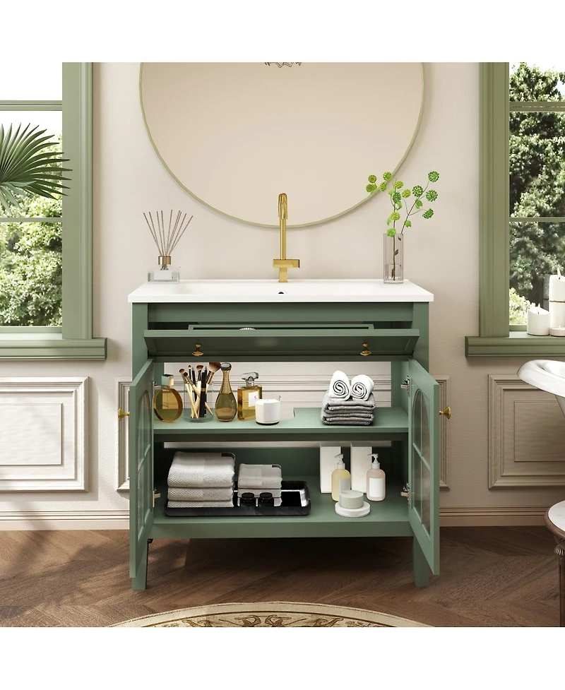 Sillysis 36" Bathroom Vanity with Sink, Medieval Glass Doors, Motion Lighting, Flip Drawer & Adjustable Storage for Modern Bathrooms