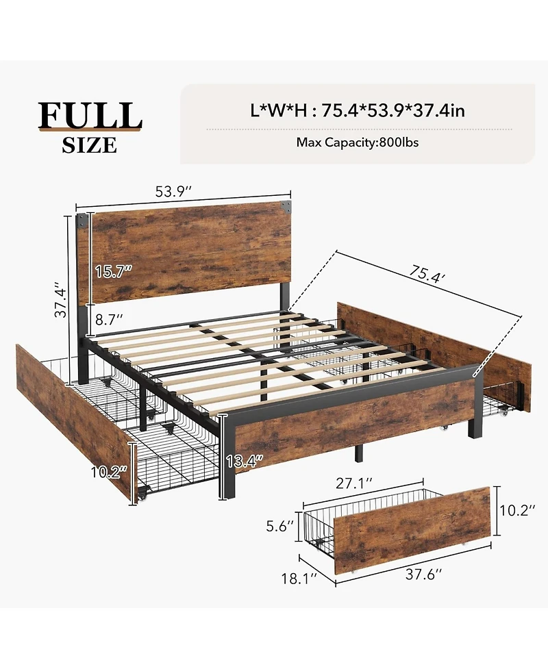 gaomon Full Bed Frame with 4 Storage Drawers, Metal Support Platform Wooden Headboard and Footboard