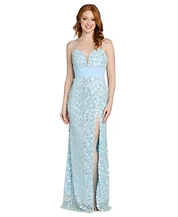 Morgan & Company Juniors' Sequin Paillettes Front-Side Slit Long Gown