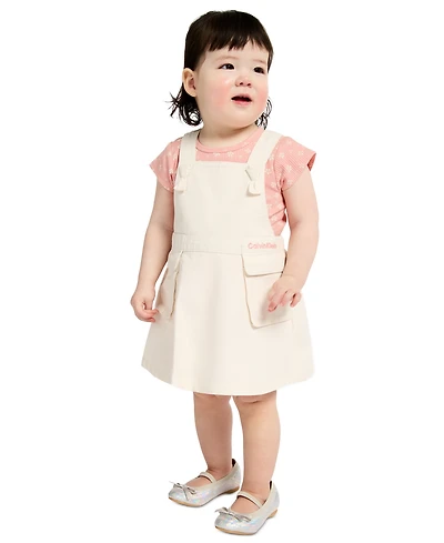 Calvin Klein Baby Girls' Ribbed Printed Bodysuit & Denim Overall, 2-Piece Set