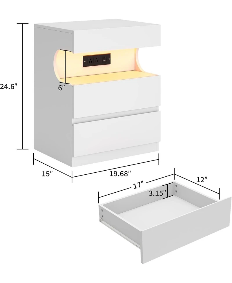 gaomon Nightstand with App-Controlled Led Light, Modern Bedside Table with Charging Station, 3 Drawer End Table with Usb Ports & Outlets