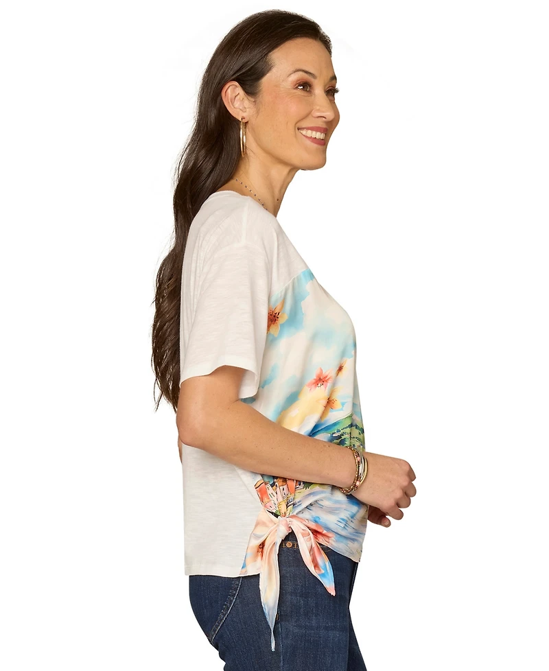 Democracy Petite Elbow-Sleeve Crewneck Printed Top