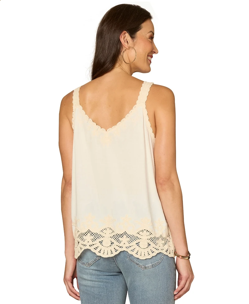 Democracy Petite V-Neck Embroidered Woven Tank Top