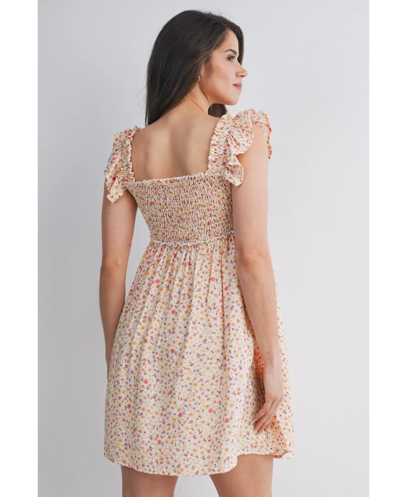 Hello Miz Maternity Smocked Floral Dress with Ruffle Cap Sleeves