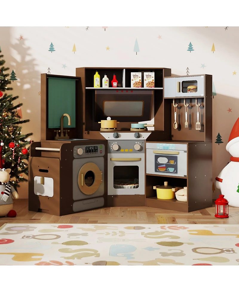 Mecale Corner Kitchen Toys with Lights & Sounds, Pull-Out Trash Can Stove for Kids