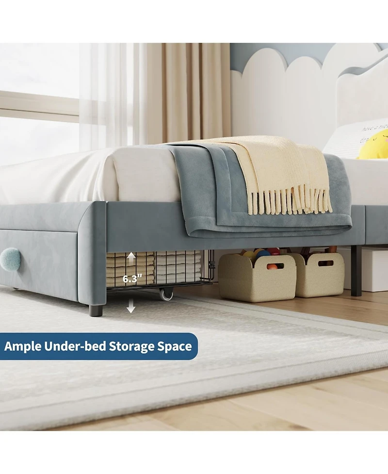 gaomon Upholstered Twin Bed Frame with Storage Drawer & Scallop Headboard, Princess Platform Frames