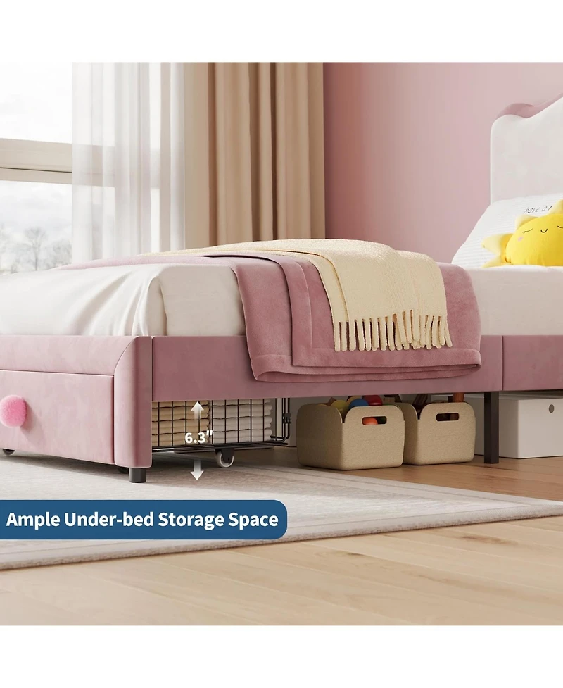 gaomon Upholstered Twin Bed Frame with Storage Drawer & Scallop Headboard, Princess Platform Frames