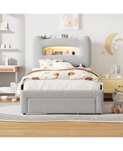 gaomon Led Bed Frame with 2-Tier Storage Headboard, Upholstered Platform Charging Station and Drawer, Metal Support