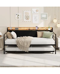 gaomon Daybed with Trundle and Led Light, Sturdy Metal Twin Bed Frame Corduroy Upholstered Headboard Charging Station, for Living Room