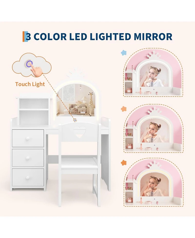 gaomon Kids Vanity Desk with Mirror and Lights, Princess Wooden Makeup Vanity with Chair, Storage Shelves and Drawers