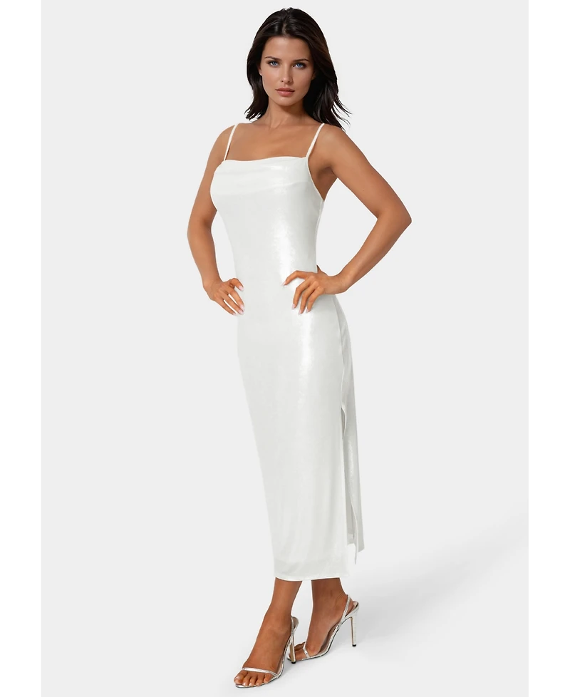 Bebe Women's Foil Metallic Slinky Cowl Maxi Dress