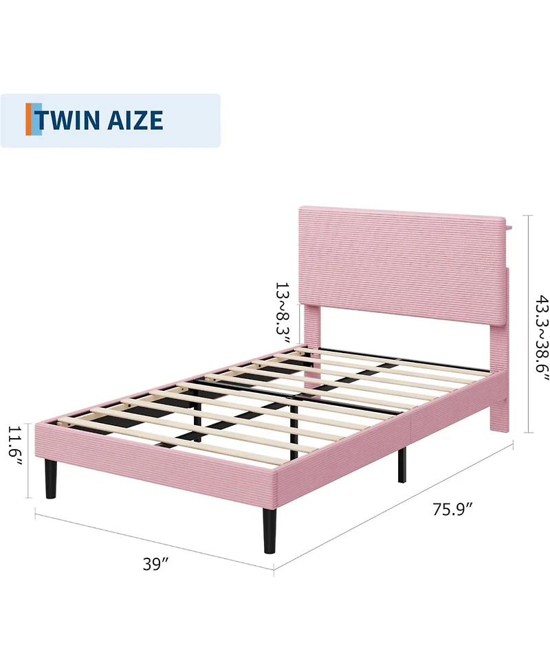 gaomon Bed Frame with Charging Station, Corduroy Upholstered Platform Headboard and Storage Shelf, Solid Wood Slats