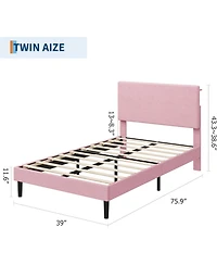 gaomon Bed Frame with Charging Station, Corduroy Upholstered Platform Headboard and Storage Shelf, Solid Wood Slats