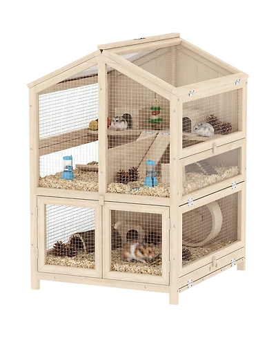 PawHut Wooden Hamster Cage 3 Tier with Pull-Out Tray, Hut, Seesaws, Ramps