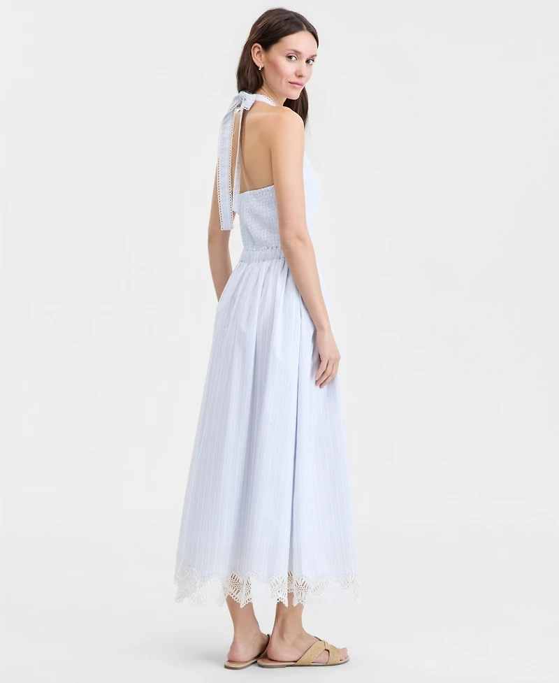On 34th Women's Cotton Maritime Stripe Halter Lace-Trim Midi Dress, Macy's Exclusive