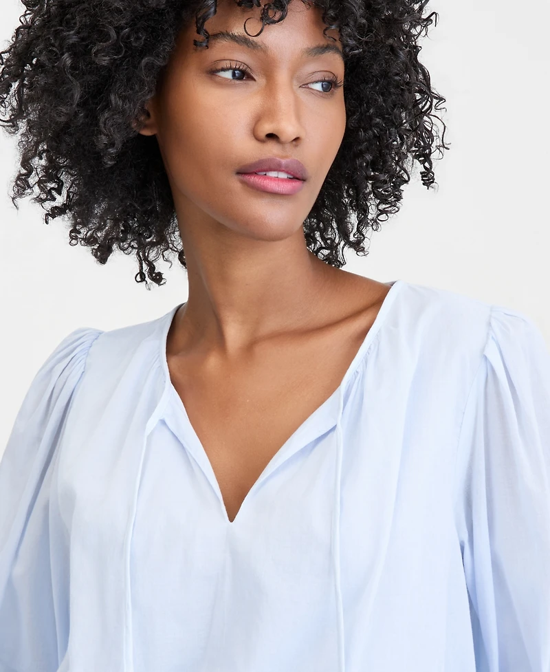 On 34th Women's Cotton Solid Tie-Front Volume-Sleeve Blouse, Macy's Exclusive