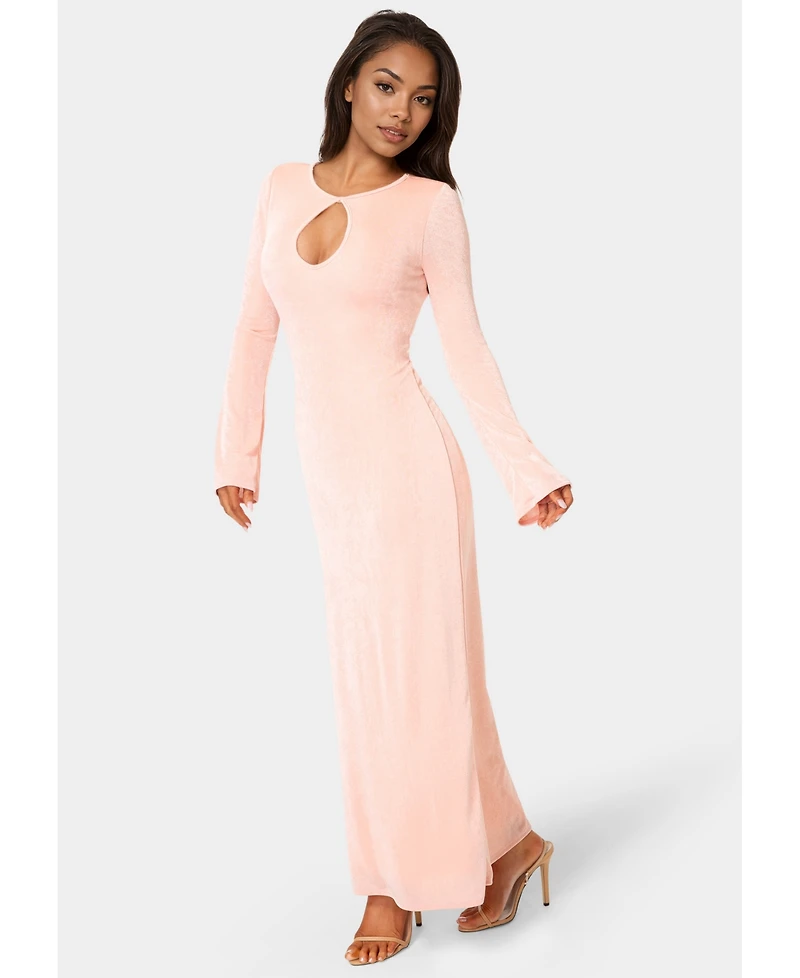 Bebe Women's Long Sleeve Open Neck Slinky Maxi Dress