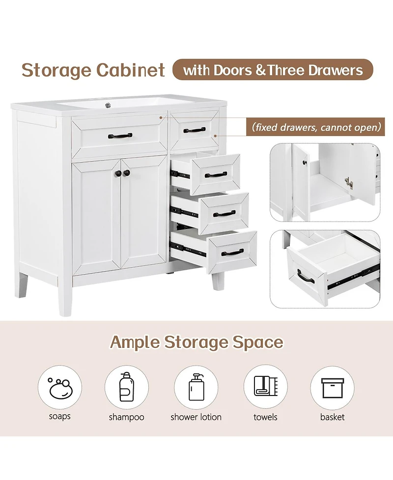 Sillysis 36" Bathroom Vanity with Ceramic Sink, Solid Wood Frame, Storage Cabinet & Drawers for Modern Bathrooms