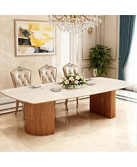 Tribesigns 78.74" Travertine Slab Dining Table for 8-10, Travertine Slab Tabletop & Semi-Circular Stripe Base