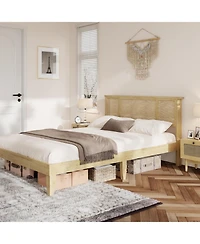 gaomon Bed Frame with Rattan Headboard, Sturdy Metal Base, Boho-Style Cane Support, No Box Spring Required, Wood Metal Platform Beds