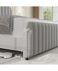 gaomon Velvet Bed Frame, Vertical Channel Tufted Tall Headboard and Footboard with Nailhead Trim, Upholstered Platform Bed