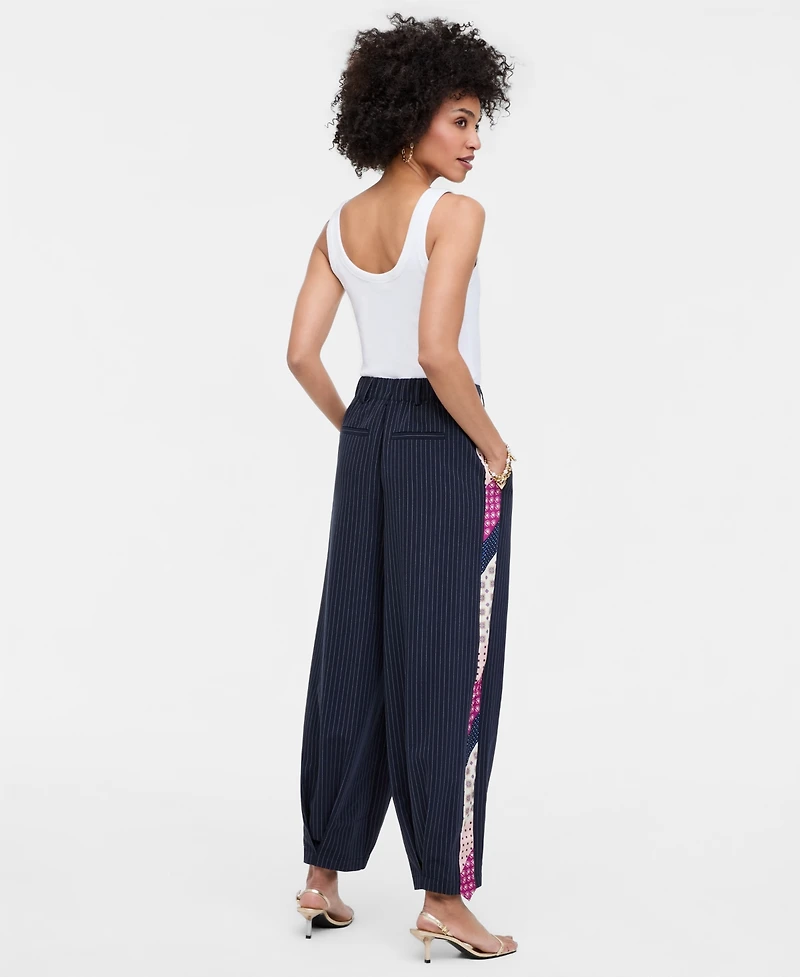 Women's High Rise Mixed-Media Pinstripe Trouser Pants, Macy's Exclusive- Molly Rogers Capsule Collection