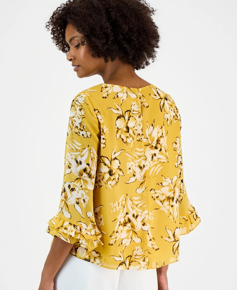 Kasper Petite Crewneck Ruffle-Sleeve Printed Blouse